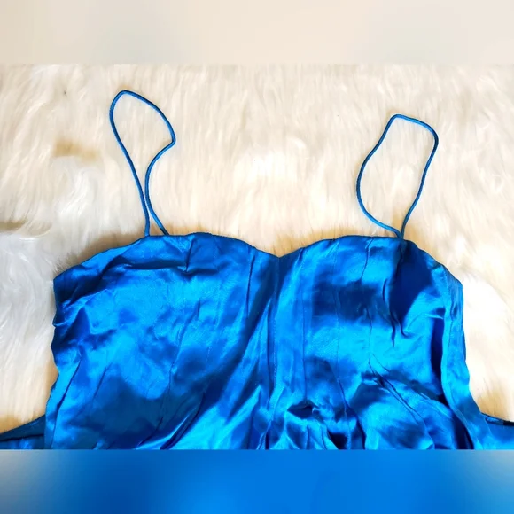 VINTAGE Rebecca Taylor Satin Silk Flowy Blue Dress Size 2 Gem Zip up back - Picture 5 of 12